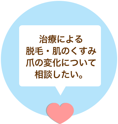 治療による脱毛・肌のくすみ爪の変化について相談したい。